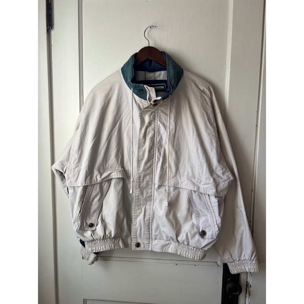 Vintage‎ Stratojac Mens L Beige Teal Navy Colorblock Golf Windbreaker Jacket
